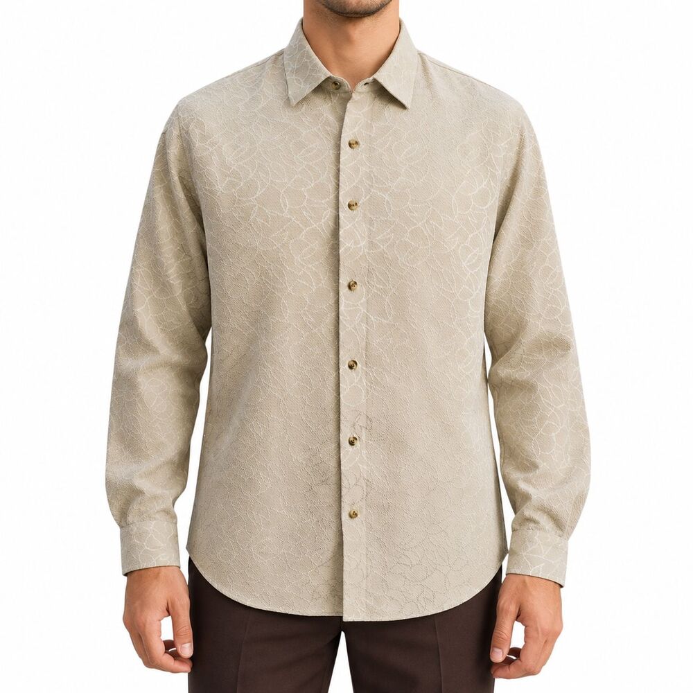 Mens Large Beige Floral Textured Viscose Long Sleeve Button Up Dress Shirt NWT